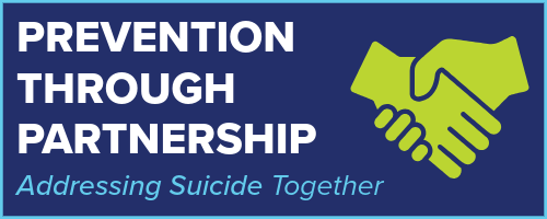 A graphic with a navy blue background featuring an icon of two yellow hands shaking on the left. Text reads "Prevention Through Partnership" in white and "Addressing Suicide Together" in light blue underneath.