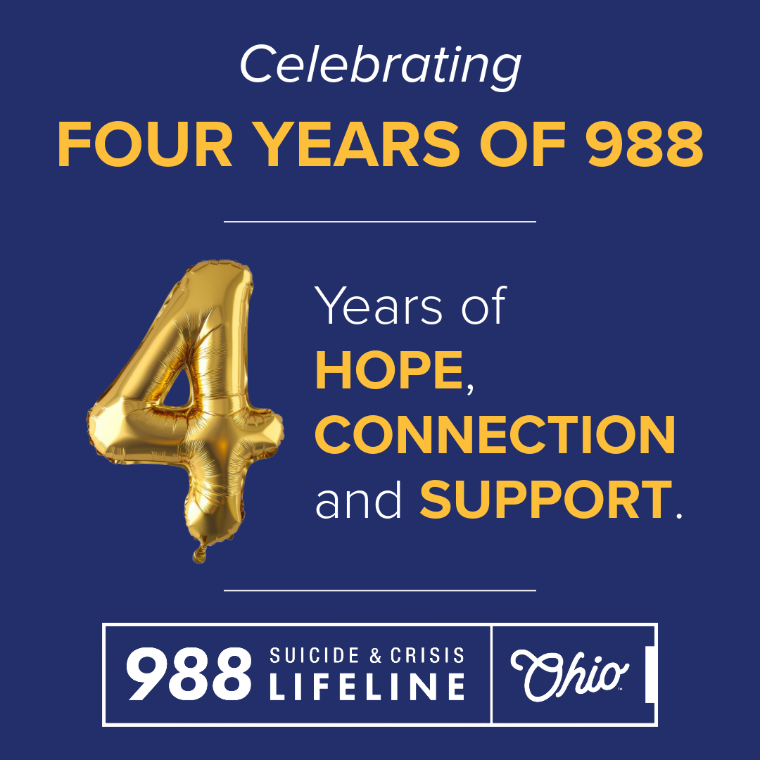 Celebratory graphic for four years of the 988 Suicide & Crisis Lifeline. Features a large gold balloon number "4" and text highlighting "years of hope, connection and support.