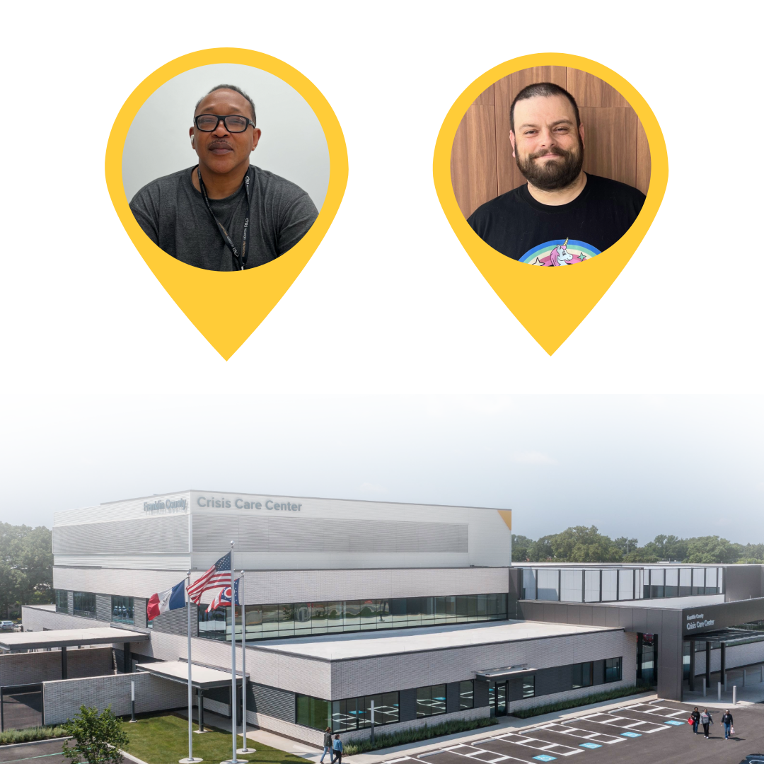 The image features two circular photos of individuals placed above a photo of the Franklin County Crisis Care Center building. The individuals are within yellow location pin icons. The building has a modern design with an American flag outside.