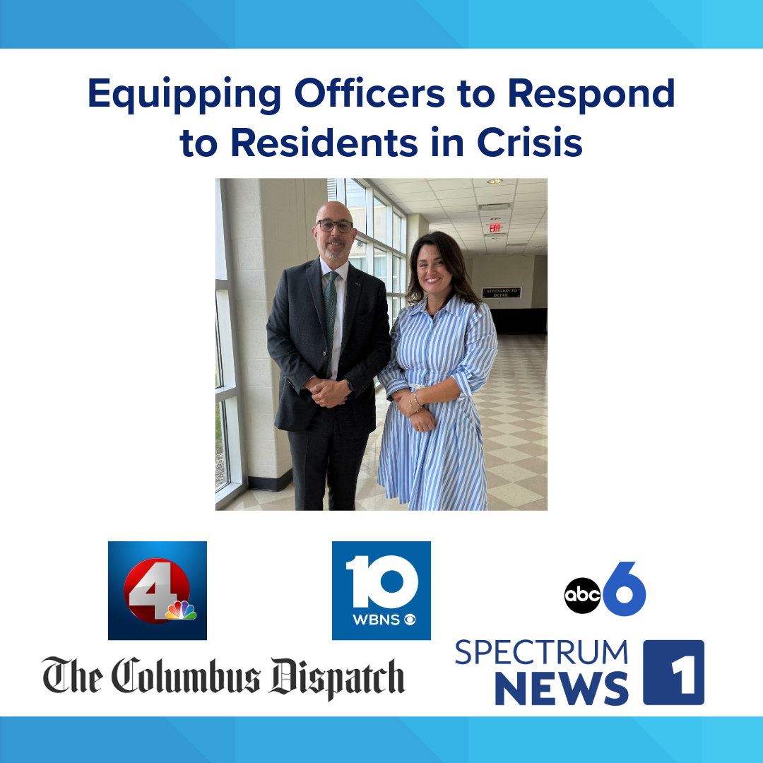 Two individuals are standing in a hallway, both smiling. They are dressed in formal attire. The image features logos of The Columbus Dispatch, NBC4, WBNS 10TV, ABC6, and Spectrum News 1, and includes the text "Equipping Officers to Respond to Residents in Crisis.
