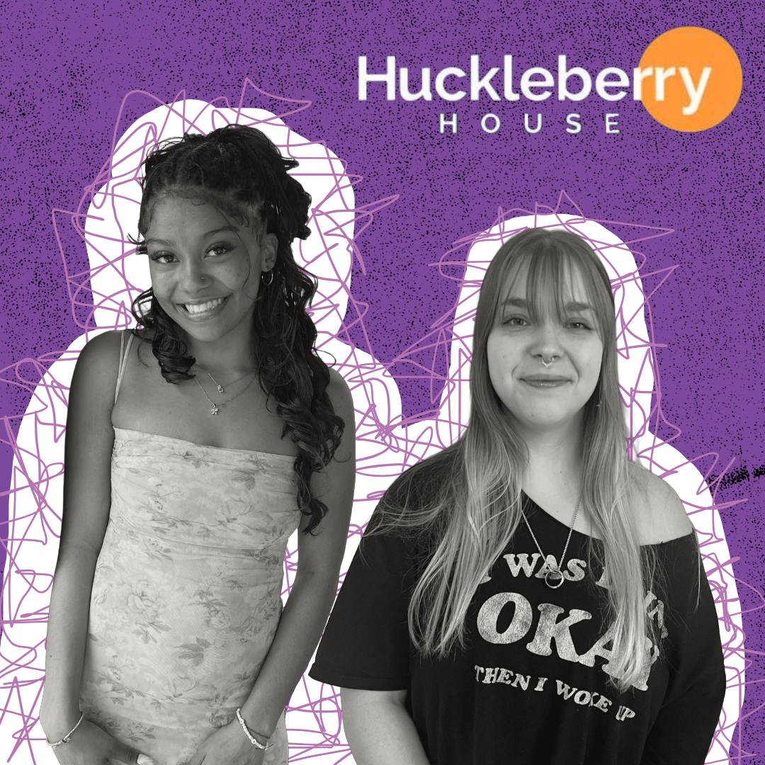 Graphic of two women, one dark skinned and one light skinned both in black in white on a purple textured background. Huckleberry House logo in top right.