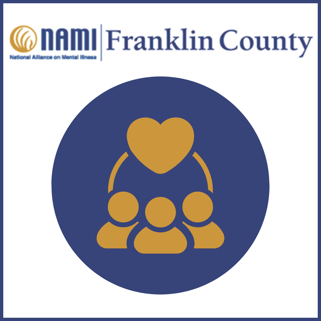 The image features the NAMI Franklin County logo at the top, with "NAMI" on the left and "Franklin County" on the right. Below, there is a gold icon of three people with a heart above them, enclosed in a blue circle.