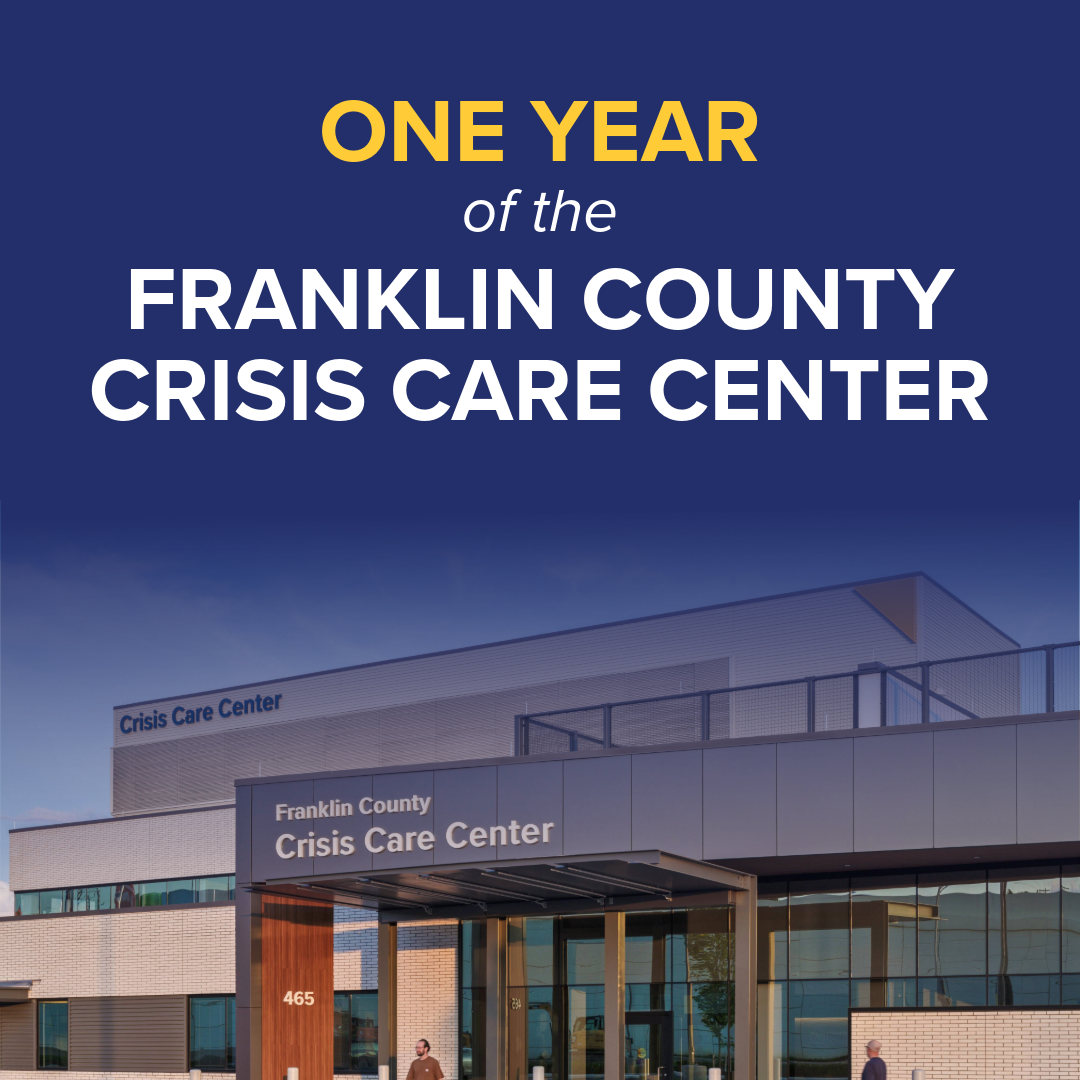 Exterior view of the Franklin County Crisis Care Center building with a sign highlighting its one-year anniversary.
